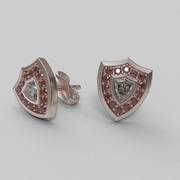 14K rose gold Aggie Shield diamond stud earrings with custom shield-shaped lab grown diamond and maroon garnets.
